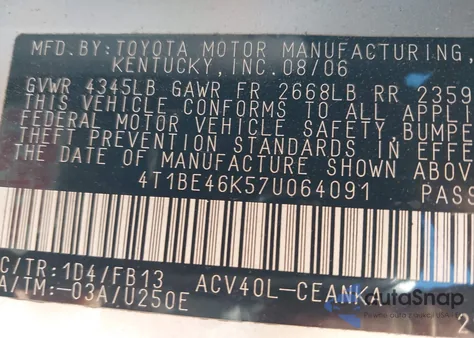 2007 Toyota Camry Le из США, поврежденный, VIN 4T1BE46K57U064091